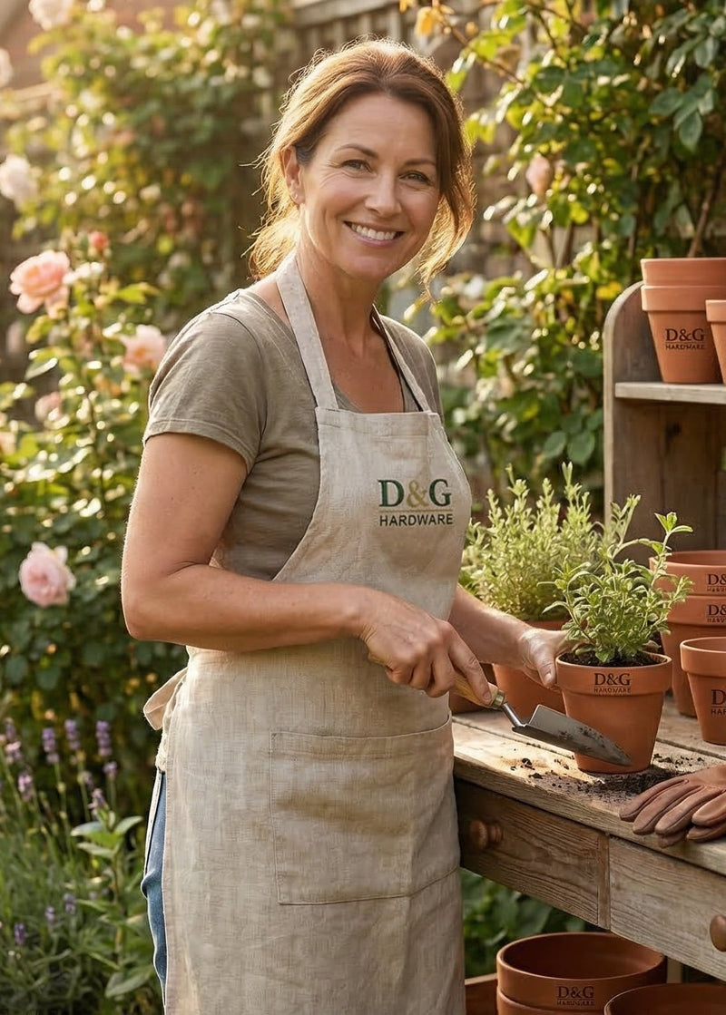Woman in a garden setting with plants and gardening tools, wearing an apron with a brand logo.